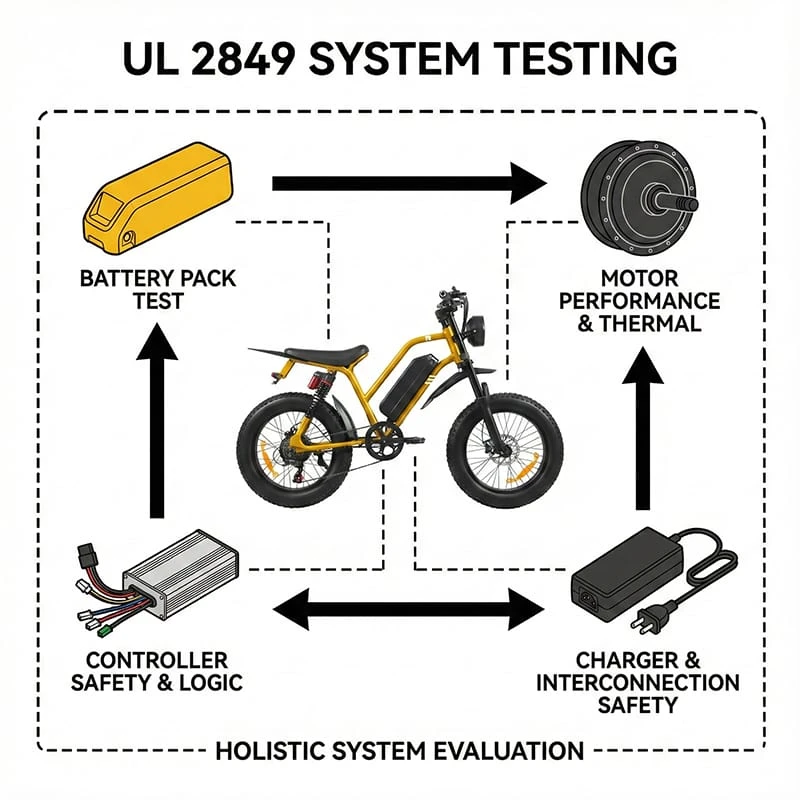 Infographic showing the scope of UL 2849 standard testing, highlighting the connection between the battery pack, motor, controller, and charger as a complete safety system.