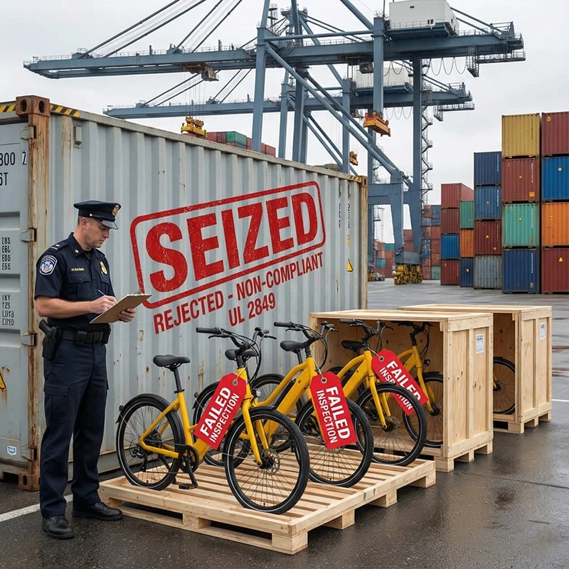A shipping container at a US port with rejected cargo stamps, illustrating the risk of customs seizure for non-UL 2849 compliant electric bikes.