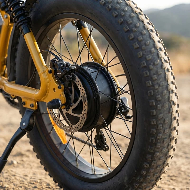 Close-up of the 1500W rear hub motor on the Poleejiek F6, illustrating direct drive power that bypasses the chain for instant torque.