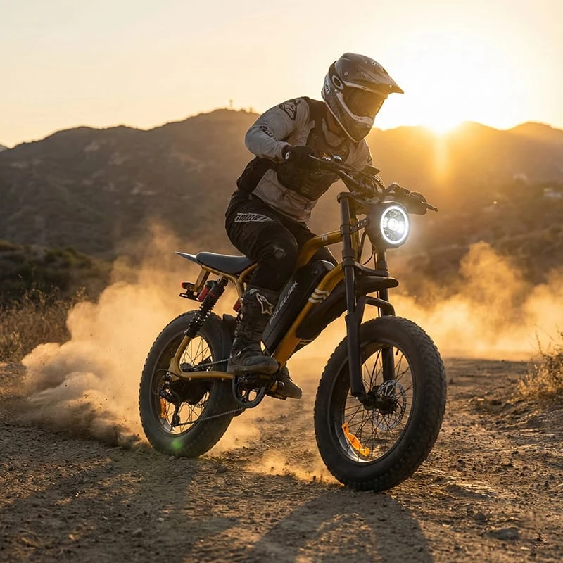 Poleejiek F6 electric dirt bike with 1500w rear hub motor riding on a dirt trail, representing the best budget electric dirt bike choice.