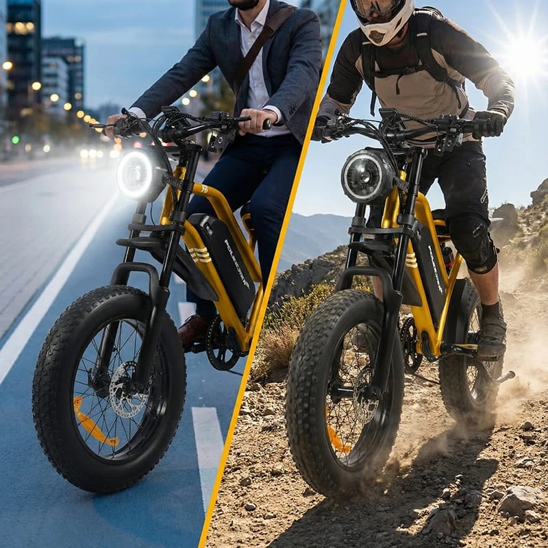 A split-scene image demonstrating the POLEEJIEK F6 versatility: one side showing urban commuting with LED lights, the other showing off-road trail riding with 1500W power.