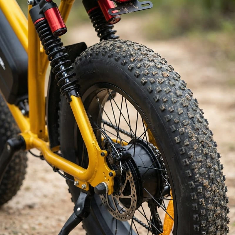Close-up of the POLEEJIEK F6 adjustable rear suspension and 4-inch fat tires, designed to provide a cloud-like ride on rough terrain.
