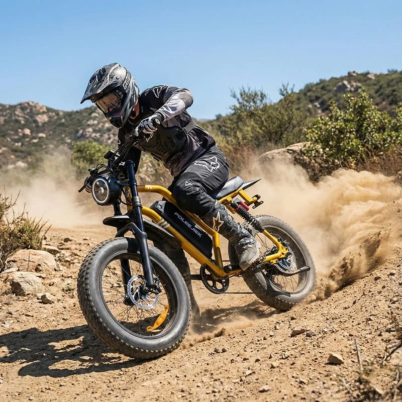 Action shot of the F6 electric dirt bike navigating a rough trail, showcasing its fat tires and adjustable suspension for off-road performance.