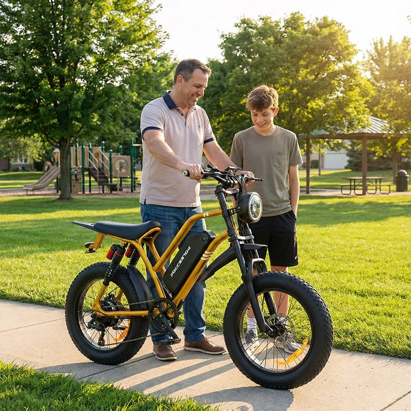 Side profile of the Poleejiek F6 showing its ergonomic bench seat and frame geometry designed to comfortably fit both adults and teens.