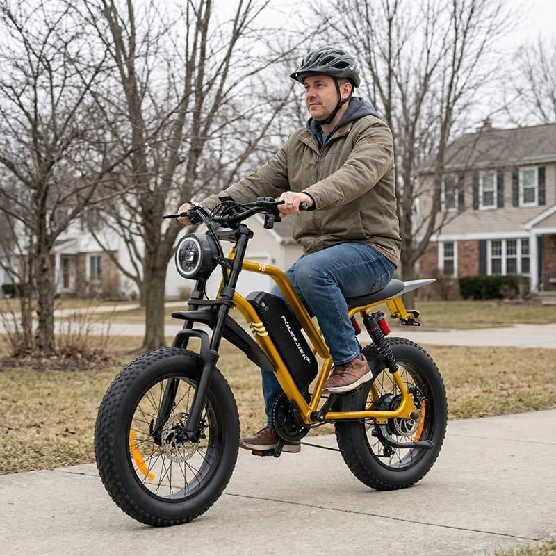 An adult rider comfortably positioned on the POLEEJIEK F6, demonstrating the versatile frame geometry suitable for riders from 5'3 to 6'2.