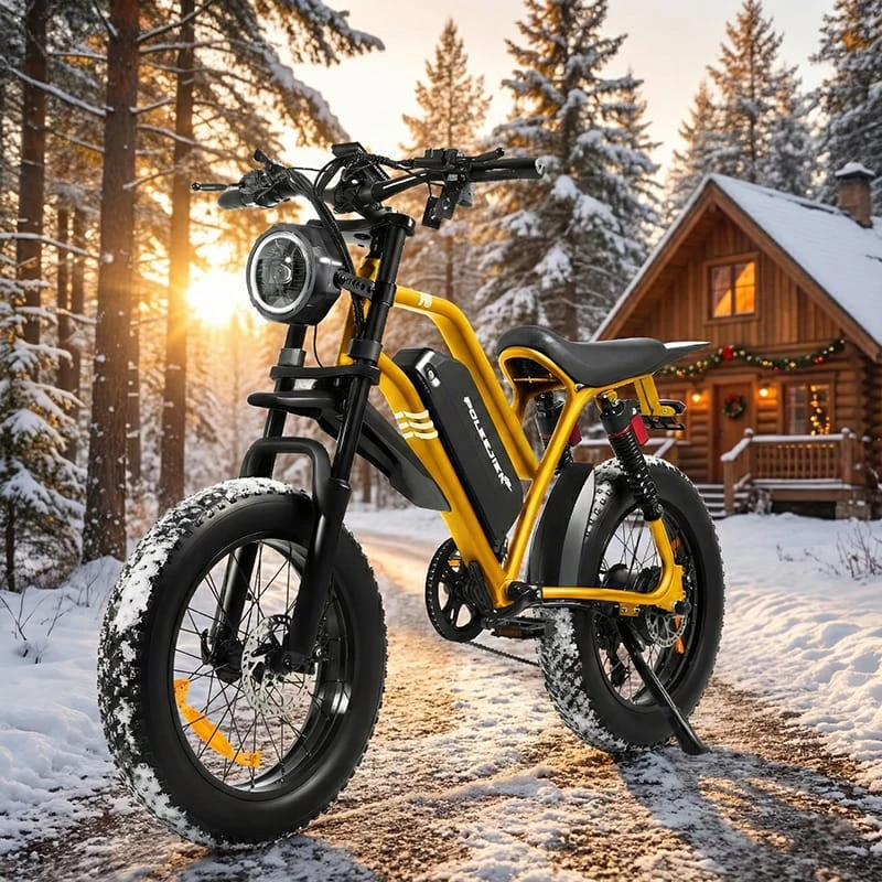 The POLEEJIEK F6 electric dirt bike parked in a winter setting, highlighting it as the best last-minute holiday gift for teens and adults.