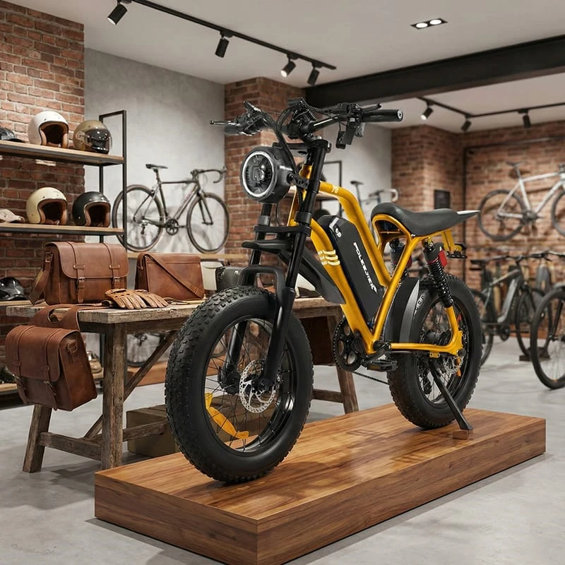 A professional bicycle retailer showroom setup featuring the Poleejiek F6 electric bike with leather accessories and helmets, showcasing effective visual merchandising for B2B dealers.