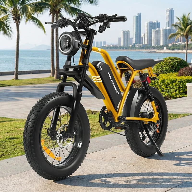 A stylish urban rider with a retro moped-style electric bike parked outside a coffee shop, highlighting the round headlight and NFC keyless start feature for fashion-conscious commuters.