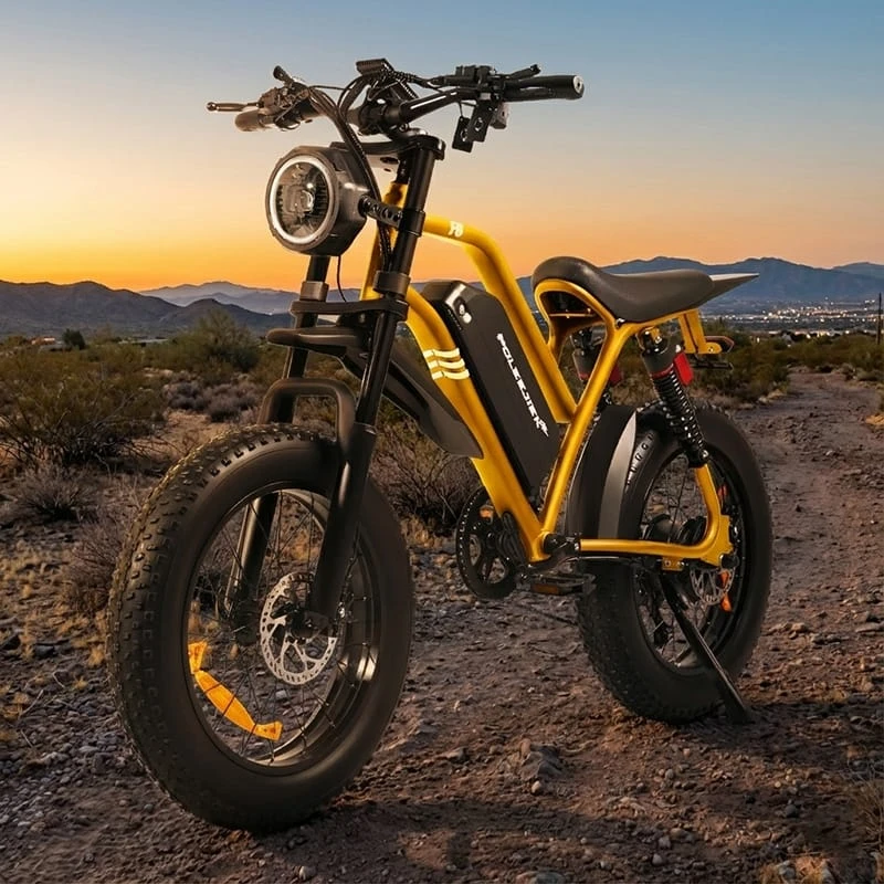 Side profile of the Poleejiek F6 1500W electric dirt bike in matte black, featuring 4-inch fat tires and dual suspension, positioned on an off-road trail to showcase its crossover capability.