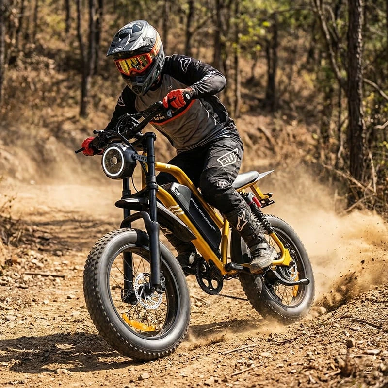POLEEJIEK F6 1500W electric dirt bike handling rough off-road trails, demonstrating weekend recreational capability for adults.