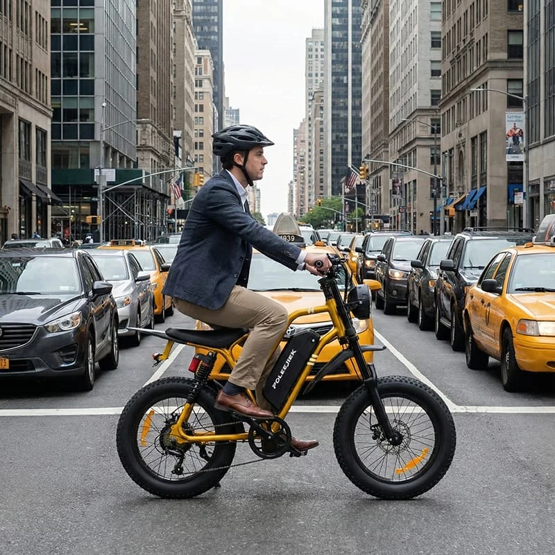 A professional rider commuting on a black POLEEJIEK F6 electric bike in a busy city environment, bypassing traffic congestion.
