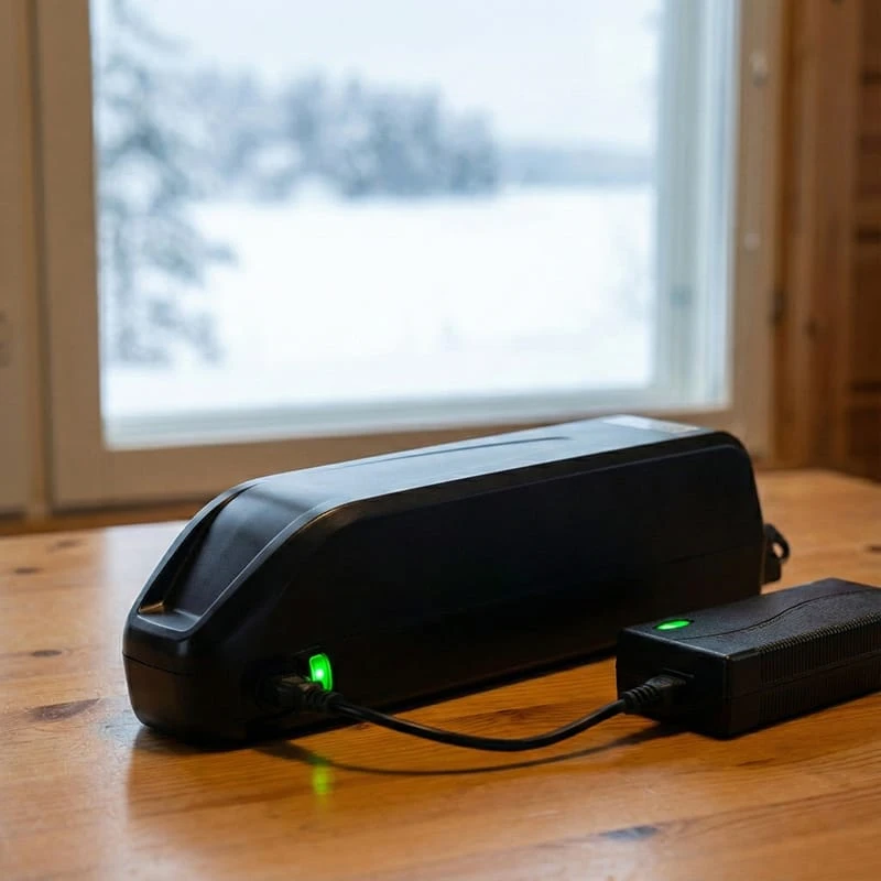 A 48V 20Ah lithium-ion e-bike battery being charged indoors at room temperature, illustrating proper winter storage and voltage balancing procedures.