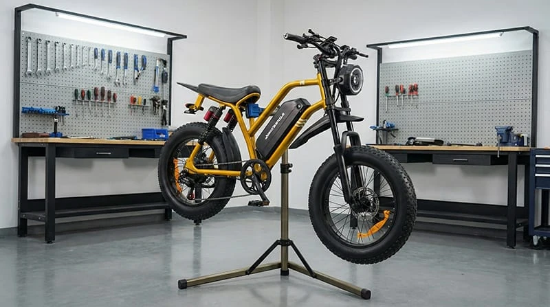A Poleejiek F6 electric dirt bike placed on a stand in a clean workshop, ready for a comprehensive end-of-year maintenance check and safety inspection.