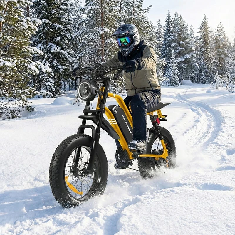 The Poleejiek F6 equipped with 4-inch fat tires gripping a snowy path firmly, demonstrating the all-terrain capabilities of an SUV style electric bike.