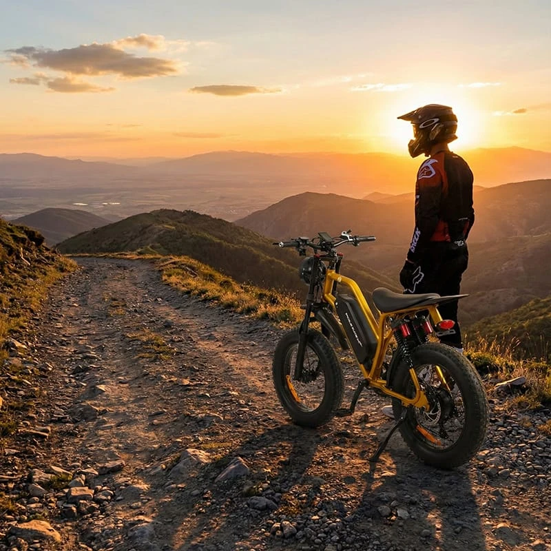 A rider on a black Poleejiek F6 electric dirt bike pausing on a scenic mountain trail at sunset, symbolizing the 2026 vision of freedom and adventure.