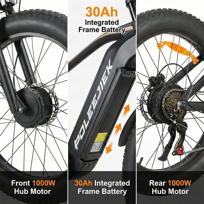 Close up of the Poleejiek BLJ-2625 showcasing its dual motor hub and large 30Ah battery compartment.