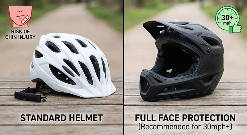 Comparison between a standard half-shell bicycle helmet and a rugged full-face helmet suitable for the Poleejiek F6.