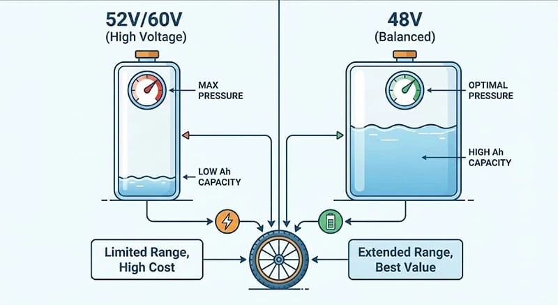 Illustration comparing a high pressure small tank (High Voltage Low Ah) vs a balanced pressure massive tank (48V High Ah).
