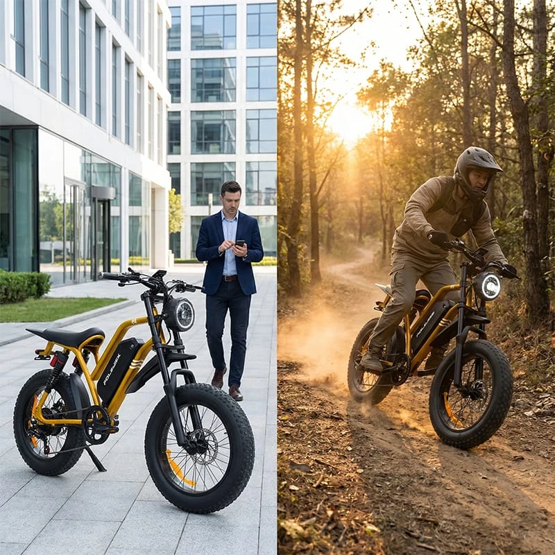 Split screen showing the F6 parked at a modern office building versus the same bike on a sunset dirt trail.